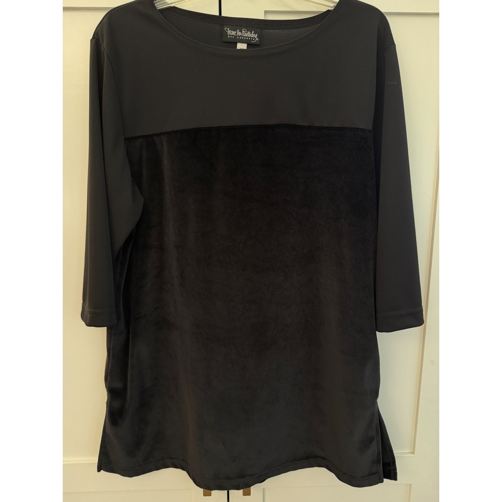 Diane Von Furstenberg DVF Concepts Black Velvet Colorblock Tunic Top 3/4 Sleeve